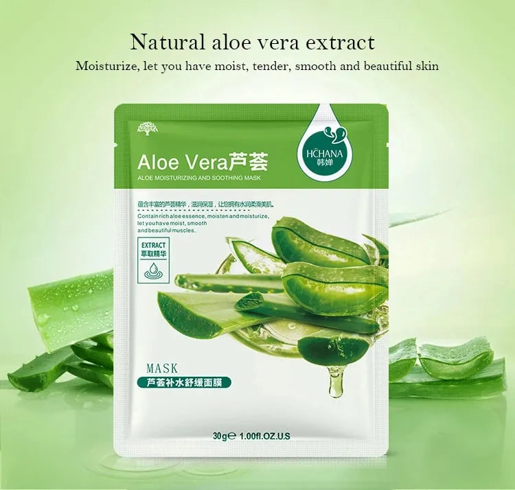 Natural Plant Facial Mask Moisturizing Oil Control Firming Fruit Aloe Korean Sheet Face Mask Beauty Skin Care Prodcuts (Aloe Vera)