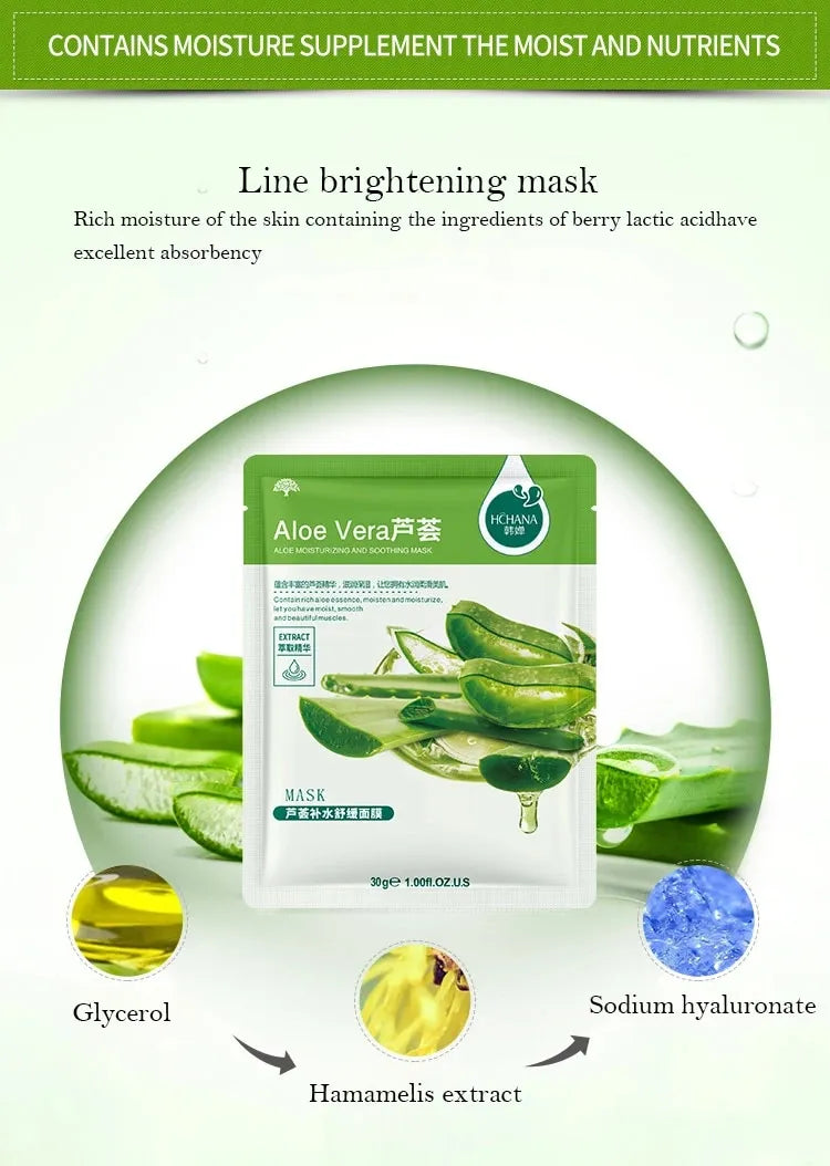 Natural Plant Facial Mask Moisturizing Oil Control Firming Fruit Aloe Korean Sheet Face Mask Beauty Skin Care Prodcuts (Aloe Vera)