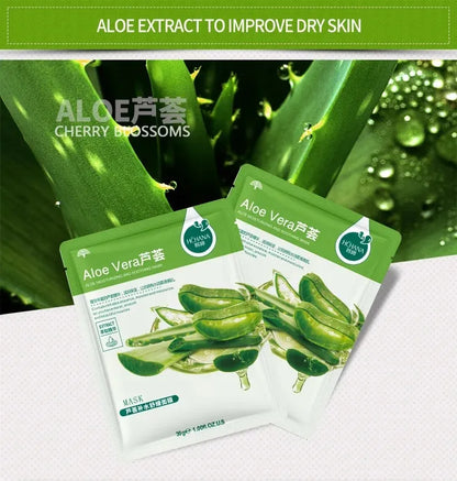 Natural Plant Facial Mask Moisturizing Oil Control Firming Fruit Aloe Korean Sheet Face Mask Beauty Skin Care Prodcuts (Aloe Vera)