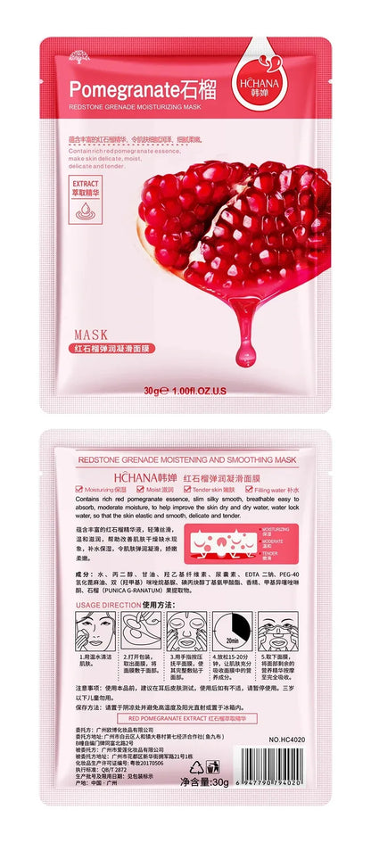 Natural Plant Facial Mask Moisturizing Oil Control Firming Fruit Aloe Korean Sheet Face Mask Beauty Skin Care Prodcuts (Pomegranate)