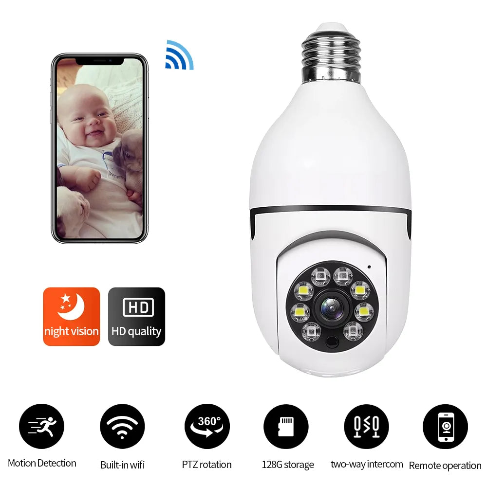 2HD 1080P 2.4G Wifi Wireless Security Camera, Night Vision 360 Degree Remote Operation Light Bulb Surveillance IP Camera